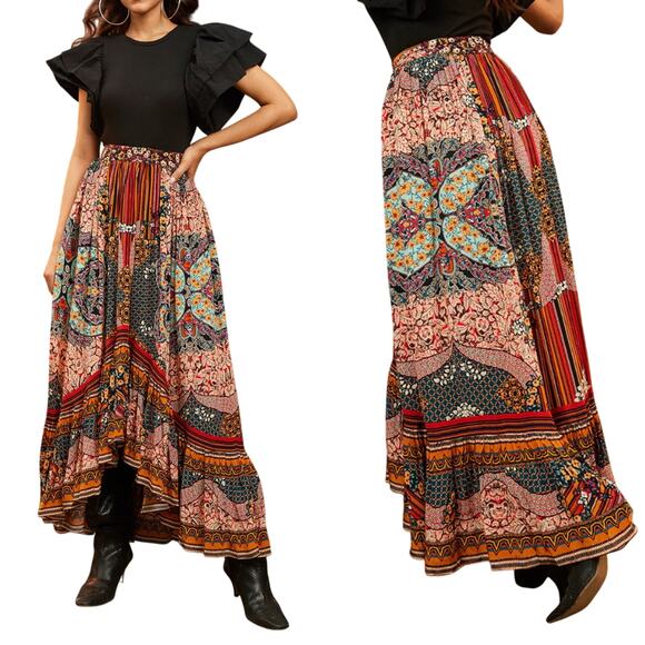 Anthropologie Bhanuni Allaire Beaded Printed Maxi Skirt Embroidered High Low 0 - Picture 1 of 13
